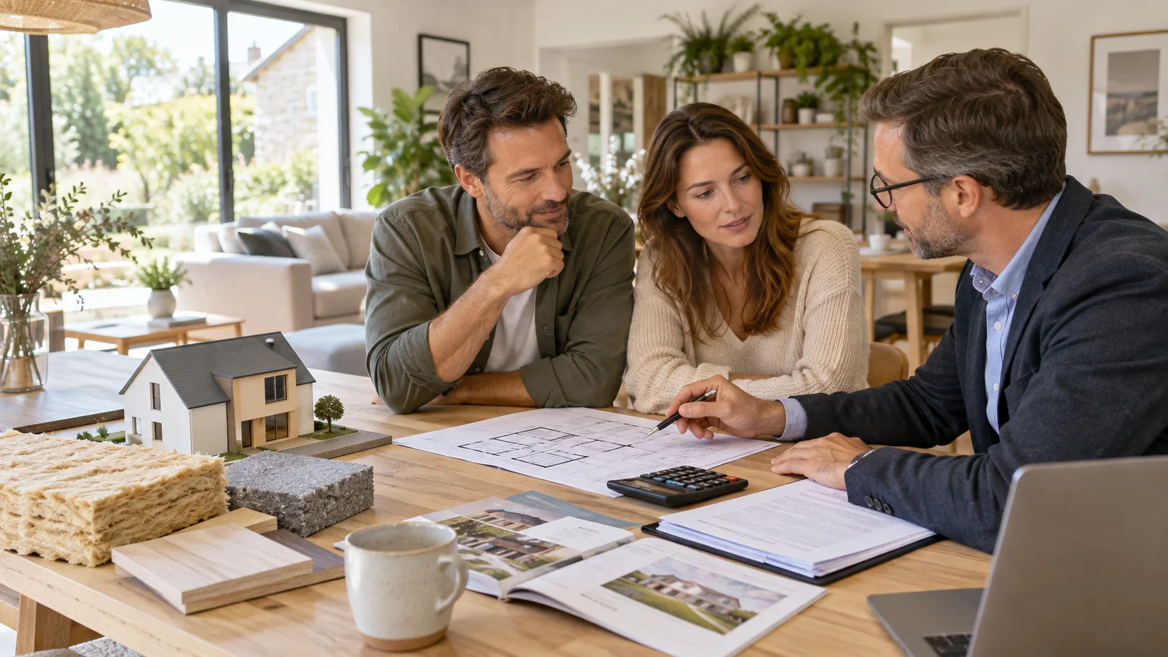 Propriétaires et conseiller étudiant un budget de rénovation énergétique