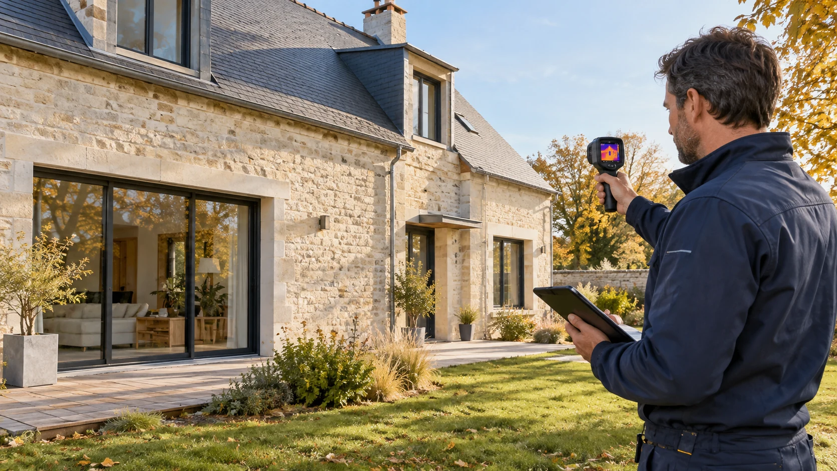 Professionnel examinant la performance énergétique d’une maison avec une caméra thermique