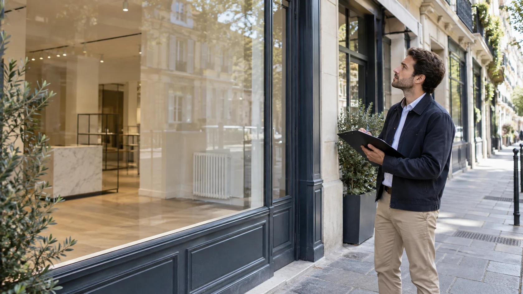 Observation de la façade vitrée d’un local commercial