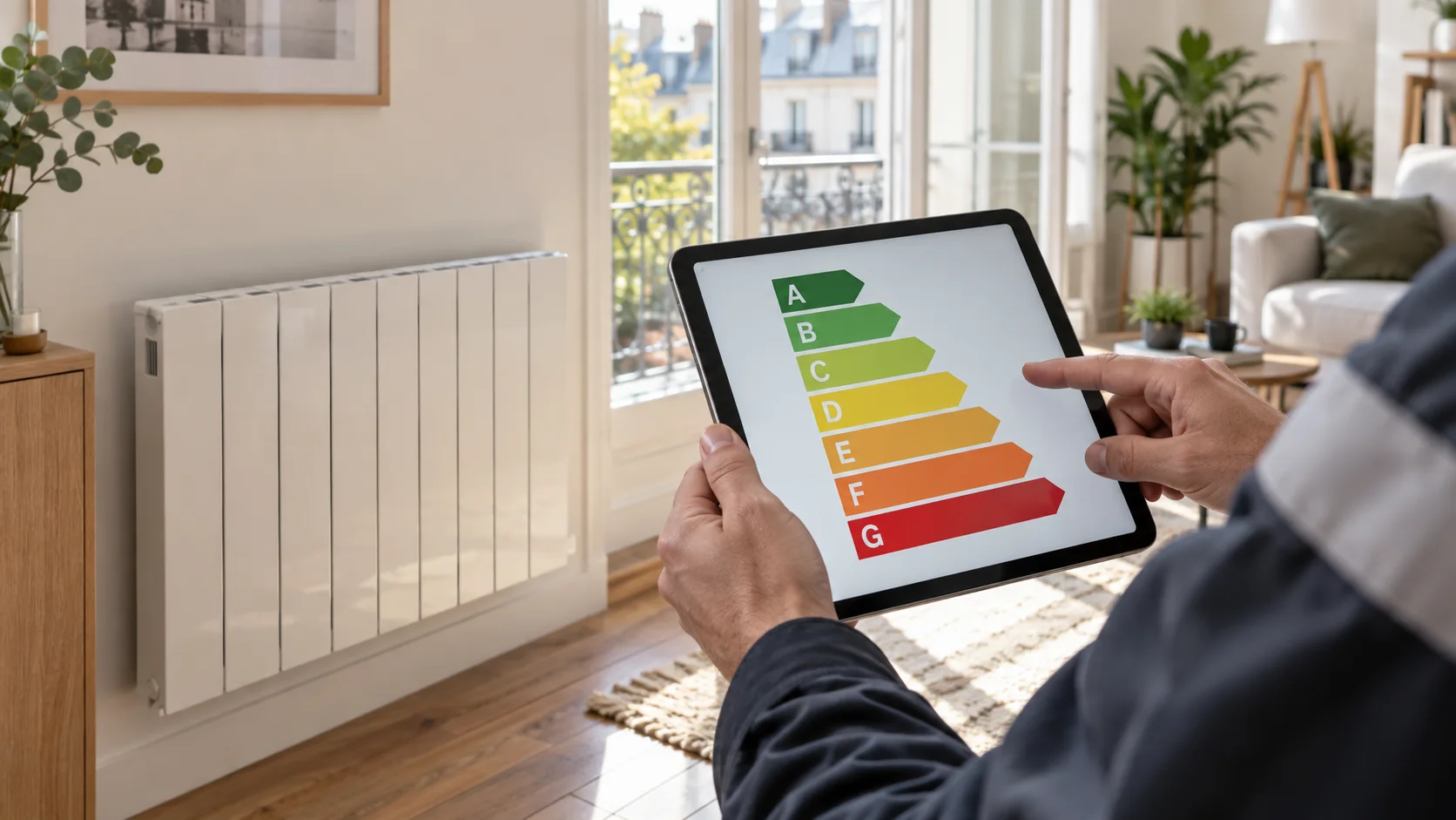 Diagnostiqueur travaillant sur un ordinateur et un rapport énergétique dans un logement lumineux