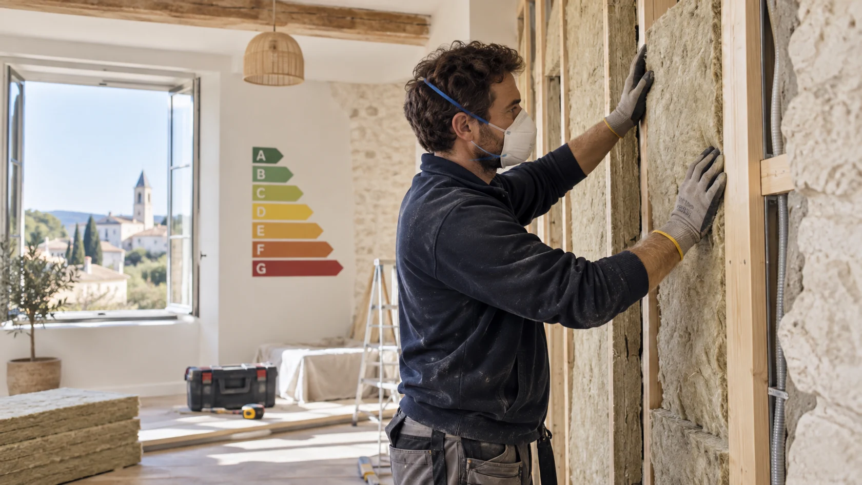 Pose d’isolant dans une paroi pendant une rénovation